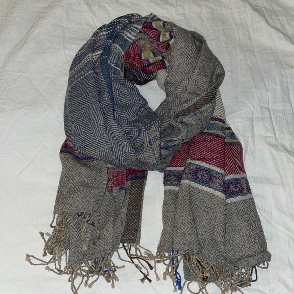 Grey, pink and blue wool scarf